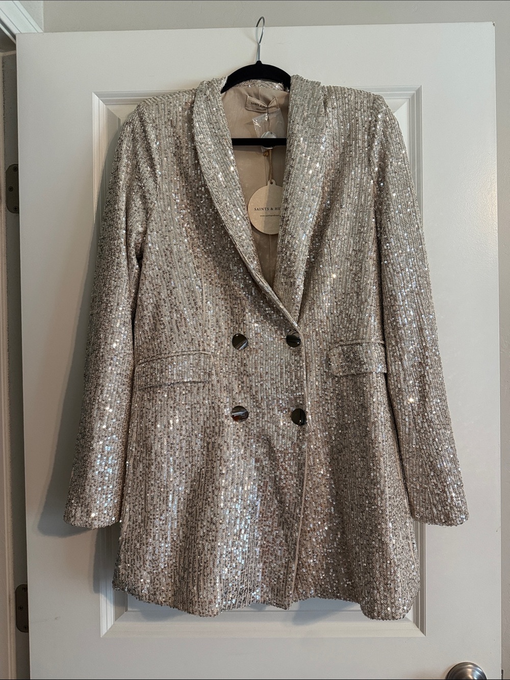 Sequin Double-Breasted Blazer Jacket - Silver